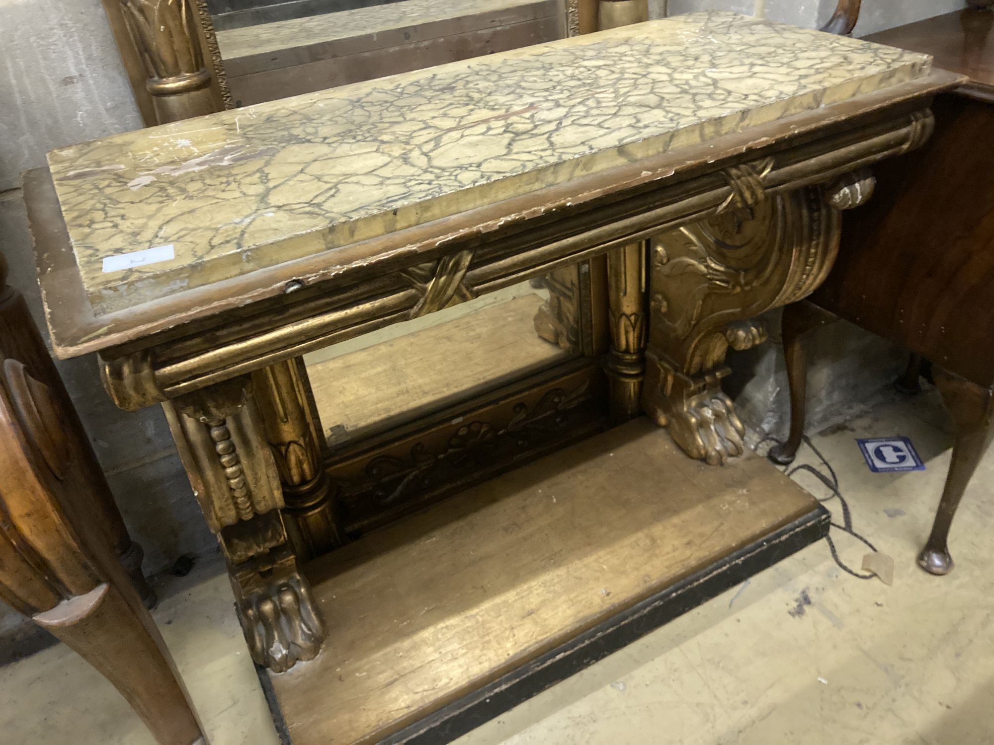 A Regency giltwood and gesso pier table and mirror, with painted faux marble top, width 95cm depth 40cm height 262cm